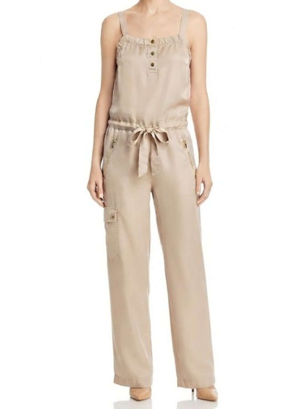 Beige Tie-Waist Utility Jumpsuit